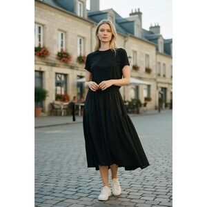 Draper James Black Jacquard Floral Polka Dot Smocked Midi Skirt Medium